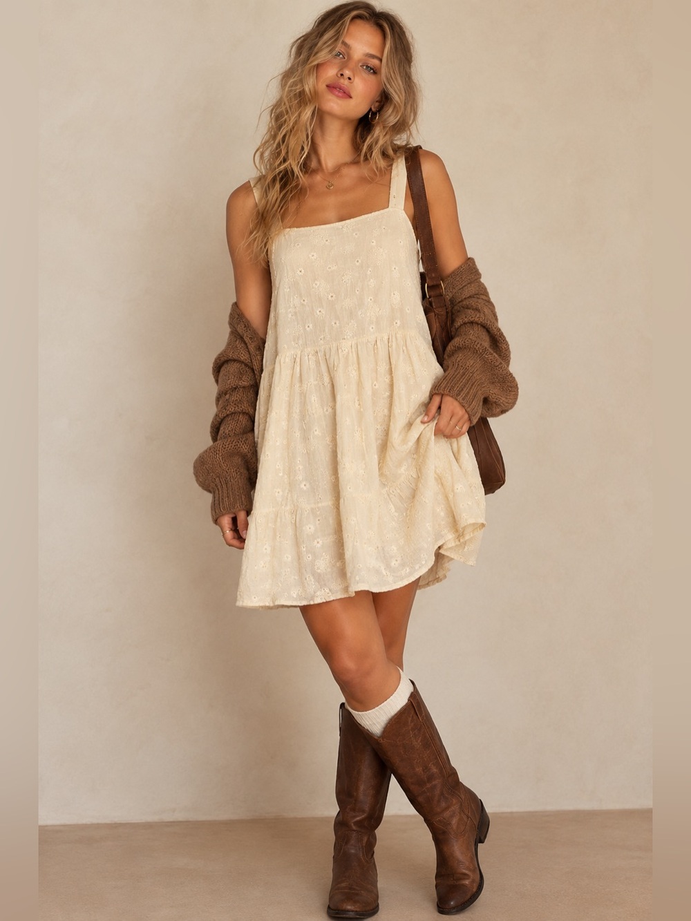 Petal + Pup Cream Tan Daisy Embroidered Babydoll Mini Dress Size 4 Cottagecore
